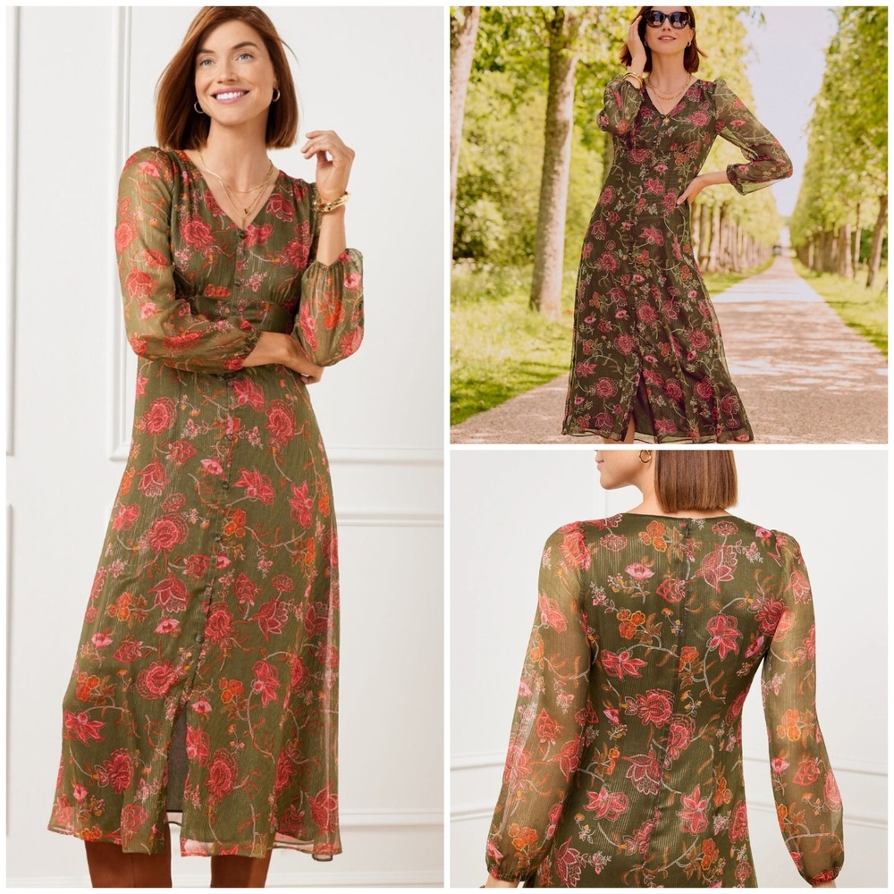 Talbots Midi Dress Graceful Floral Olive Green Metallic Stripe Long Sleeve SZ 14